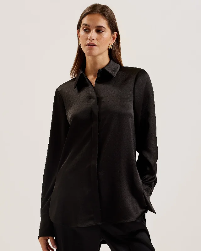 Sonora Long Line Satin Shirt Black