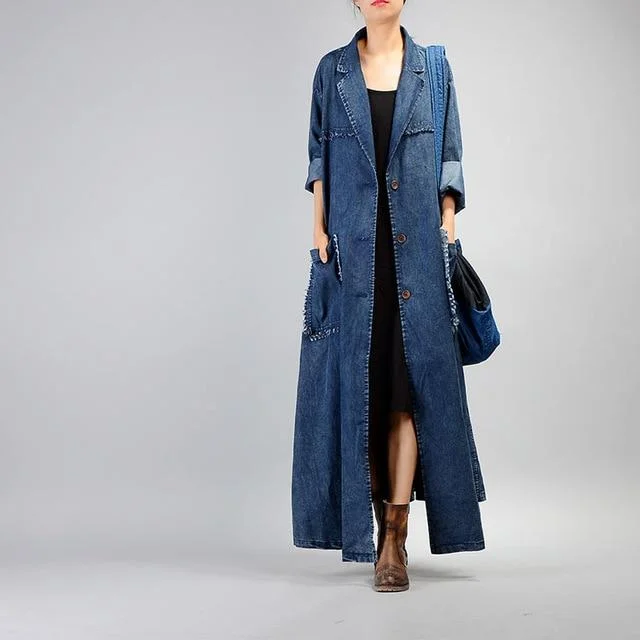 Vintage Denim Tassels Long Sleeve Coat Dress Outerwear for Women