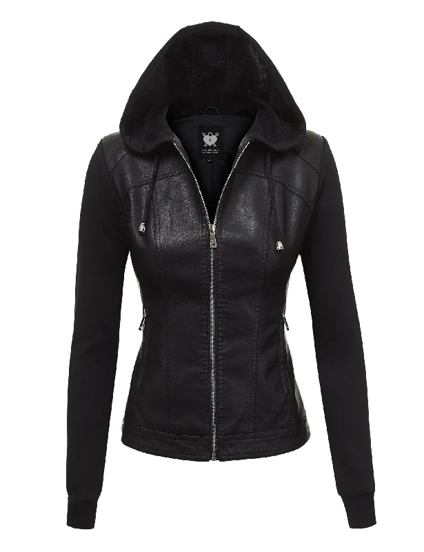 Womens Lock & Love Faux Leather Full Zip Hoodie Sweatshirt Jacket