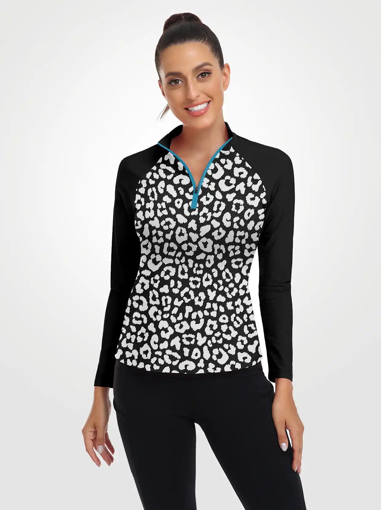 Black Leopard Quarterzip Long-sleeve Shirt for Women