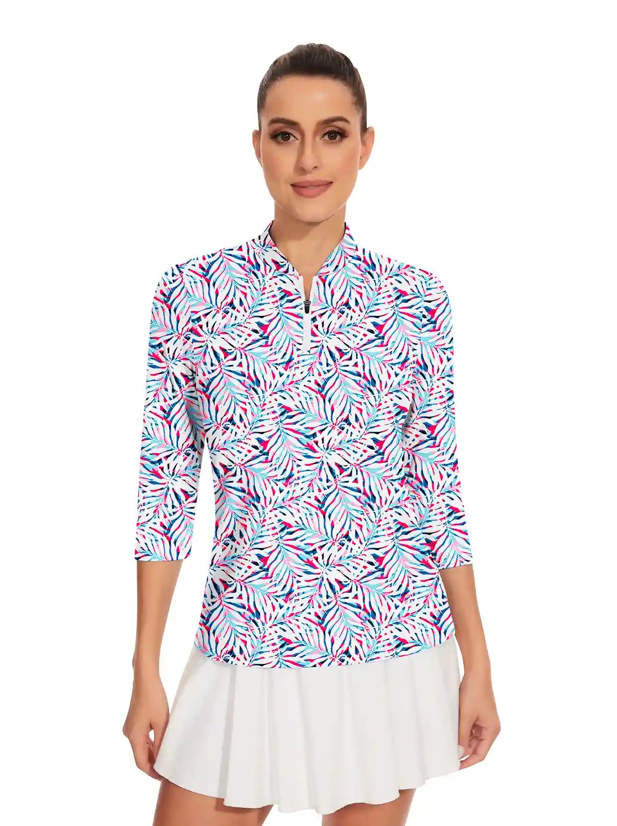 Colorful Leaf Quarter-Zip 3/4 Sleeve Shirt for Women