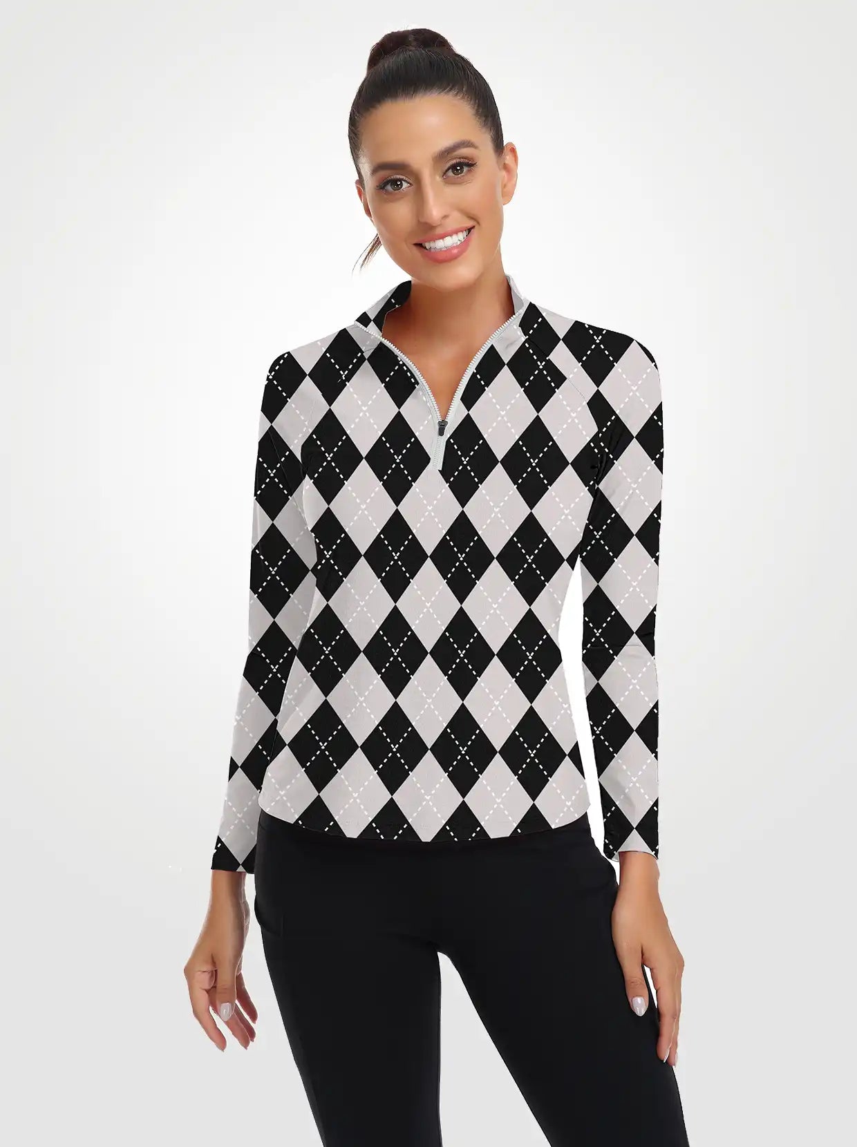 Grey Checkerboard Quarter-Zip Long Sleeve Shirt for Women