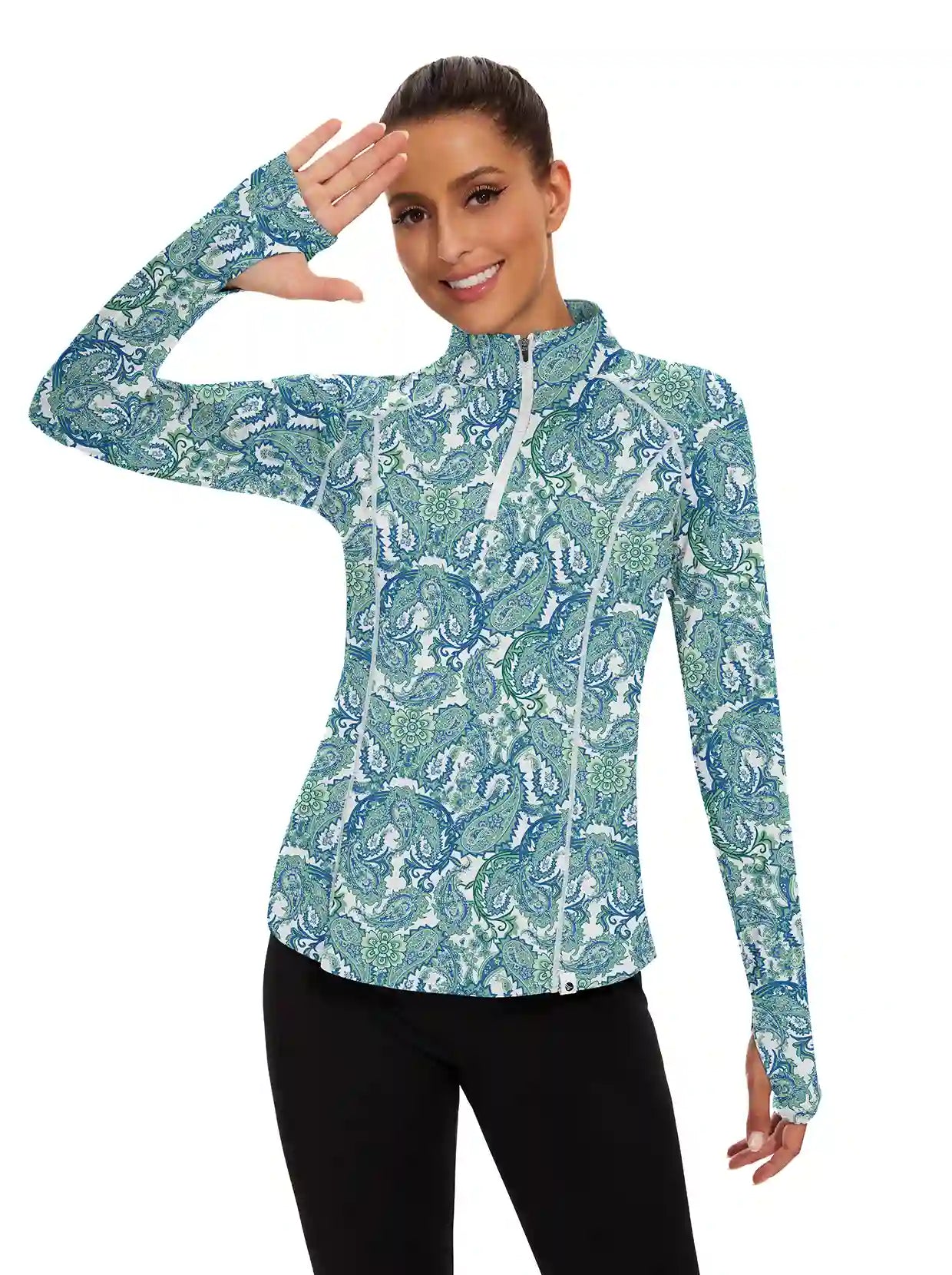 Ladies Green Paisley Quarter-zip Long-sleeve Shirt with Pockets