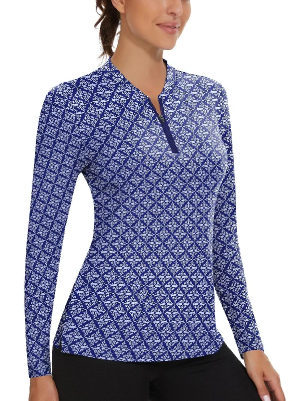 Blue Retro Floral Quarter-Zip Golf Shirt for Women