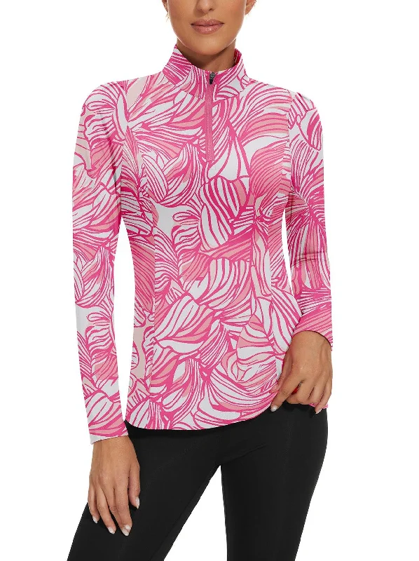 Pink Leaf Pattern Quarter-zip Long-sleeve Golf Shirt for Women