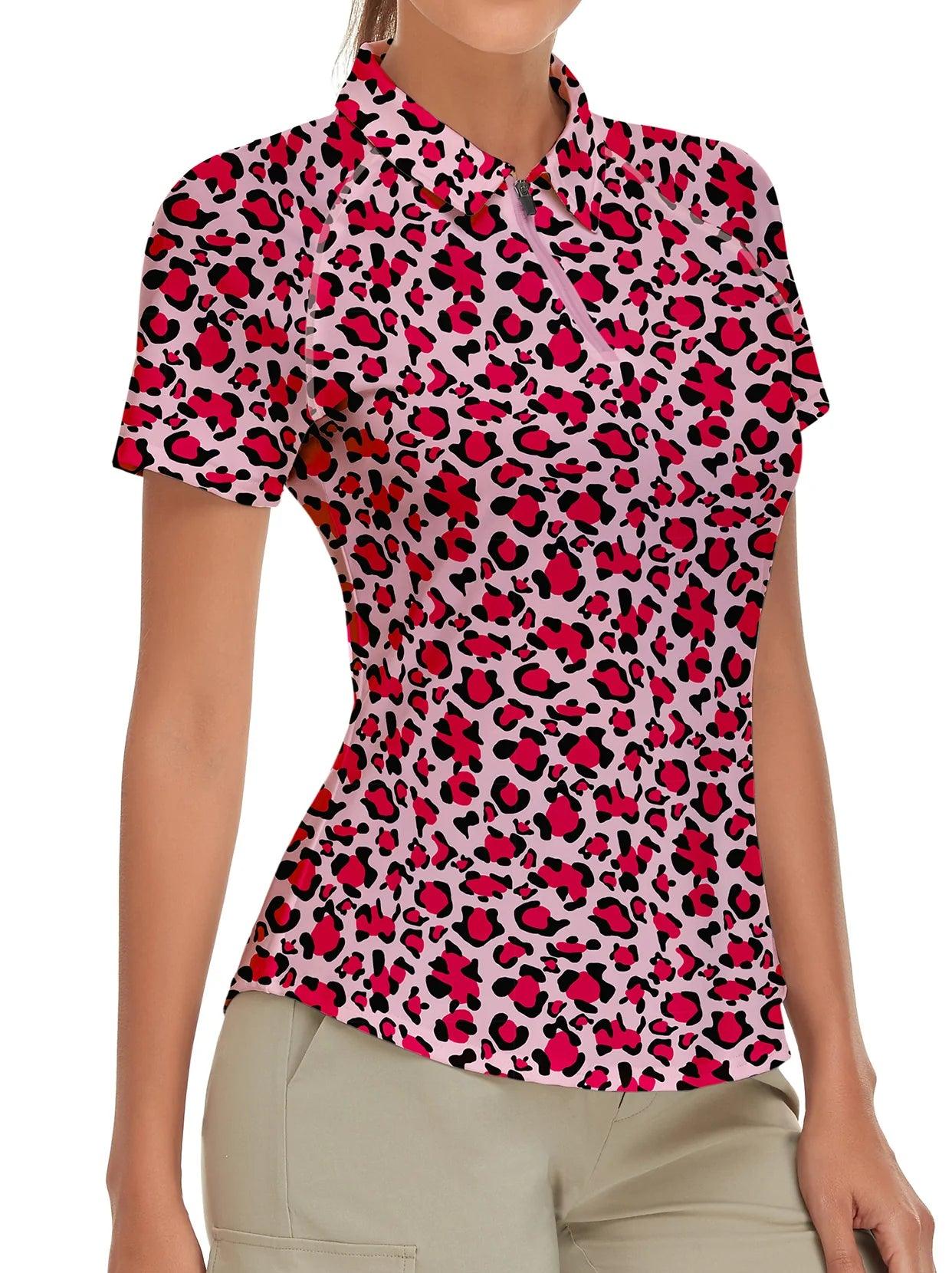 Red Leopard on Pink Background Short-sleeve Golf Shirt for Women