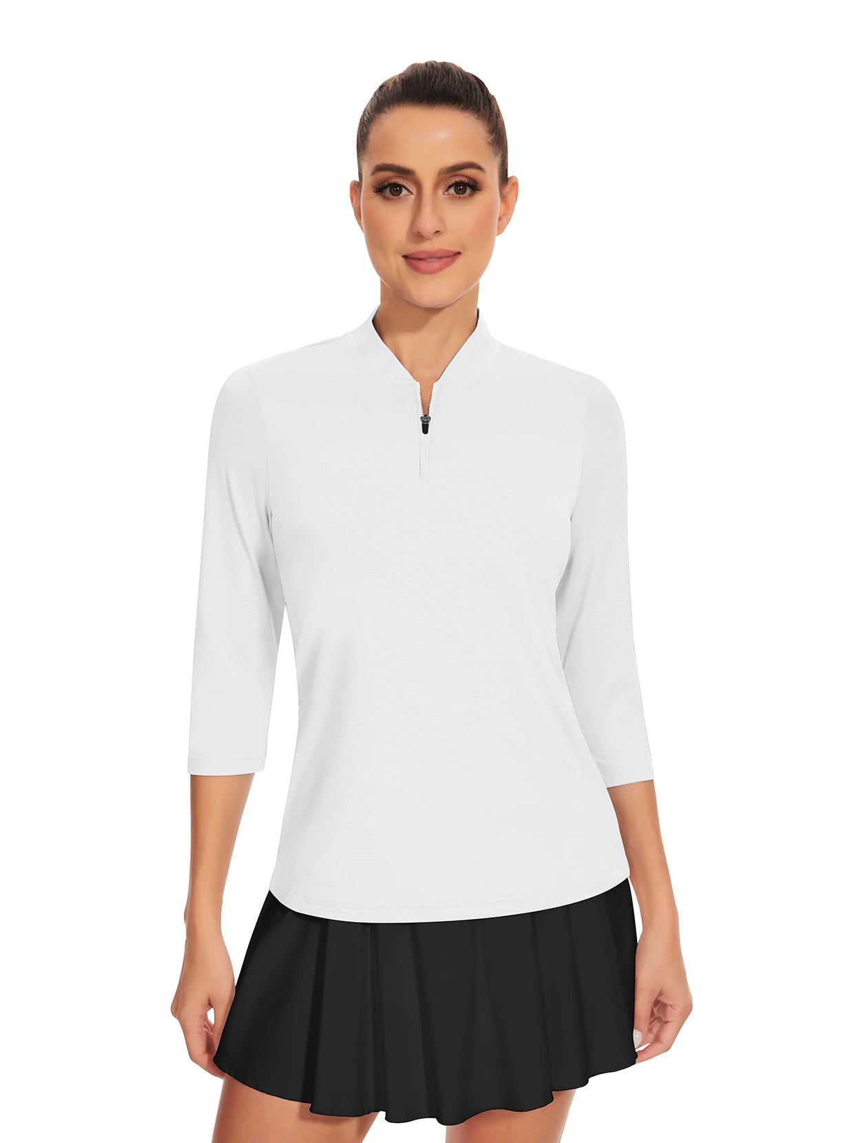 Solid White Quarter-Zip 3/4 Sleeve Shirt for Women