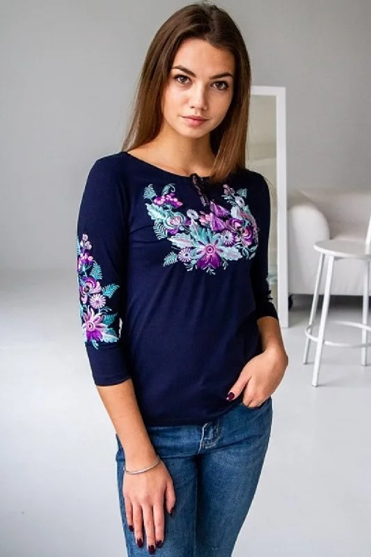 Women's 3/4 sleeve navy embroidered shirt "Purple Petrykivka"