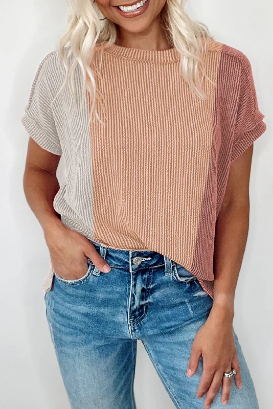 Apricot Pink Colorblock Ribbed Round Neck T Shirt