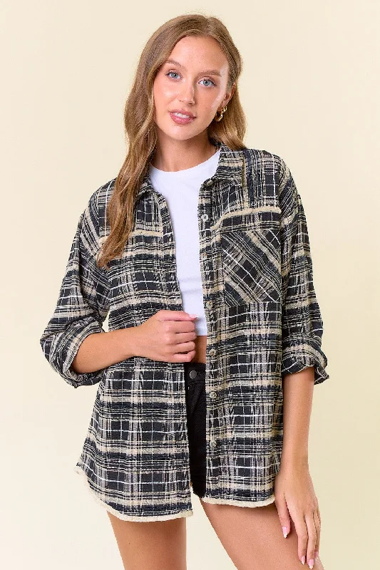 Collared Neck Plaid Flannel Shirt with Fringe Edge