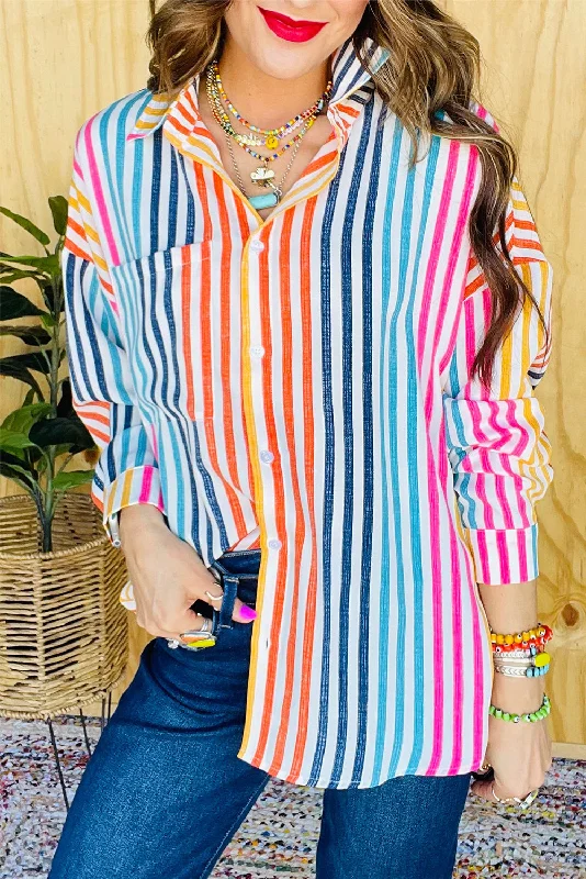 Colorful Striped Patch Pocket Long Sleeve Shirt