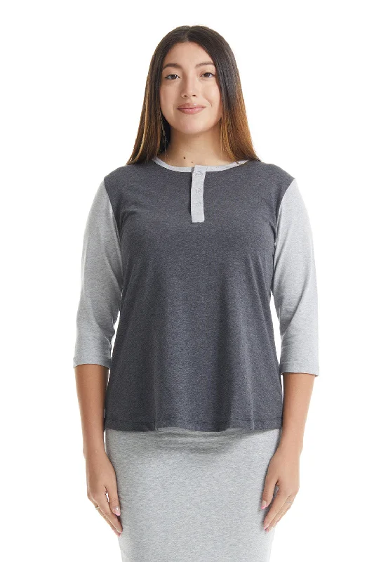 Charcoal/Heather Grey 3/4 Sleeve Cotton Henley Shirt for Women