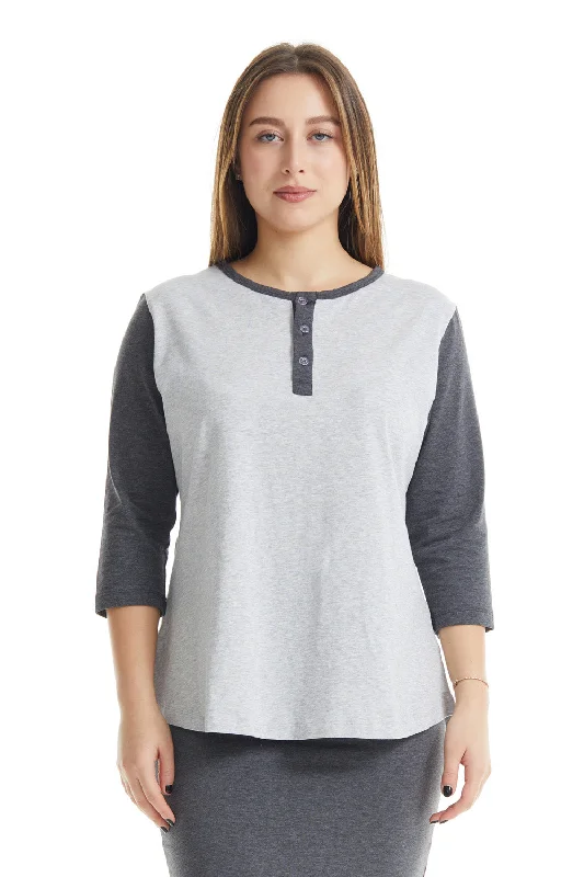 Heather Grey/ Charcoal 3/4 Sleeve Cotton Henley Shirt for Women