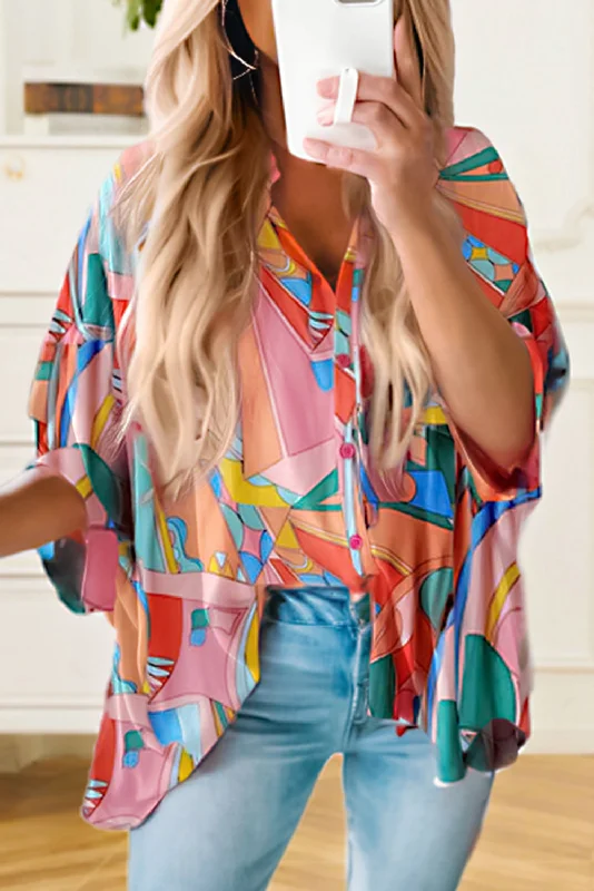 Multicolor Abstract Print Half Batwing Sleeve Loose Shirt