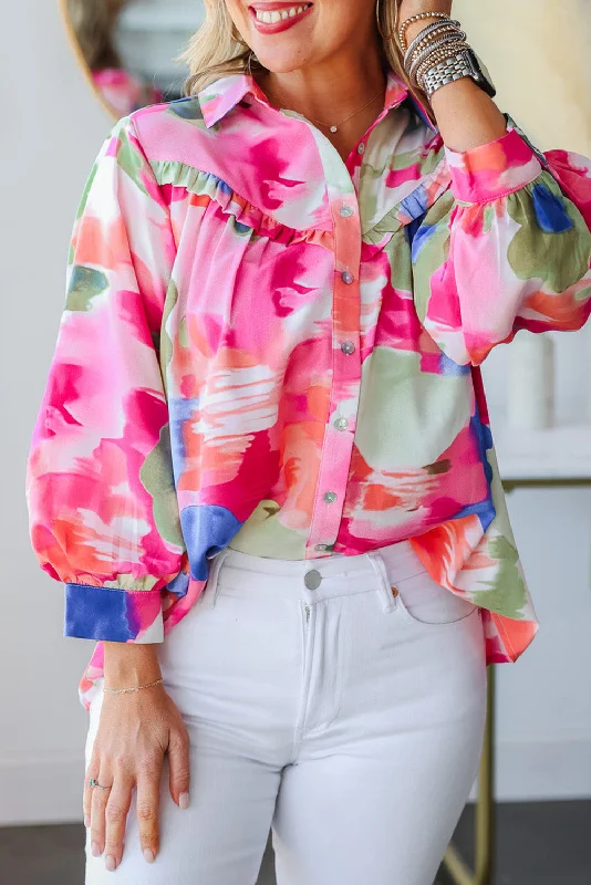 Multicolour Abstract Print Frill Detail Button Up Shirt