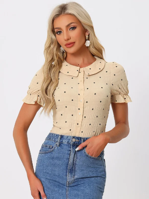 Casual Peter Pan Collar T Shirt Textured Stars Button Down Ruffle Top