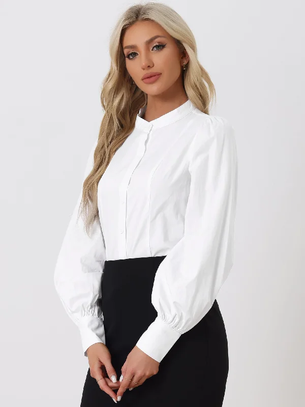 Stand Neck Pleated Lantern Long Sleeves Button Down Shirt