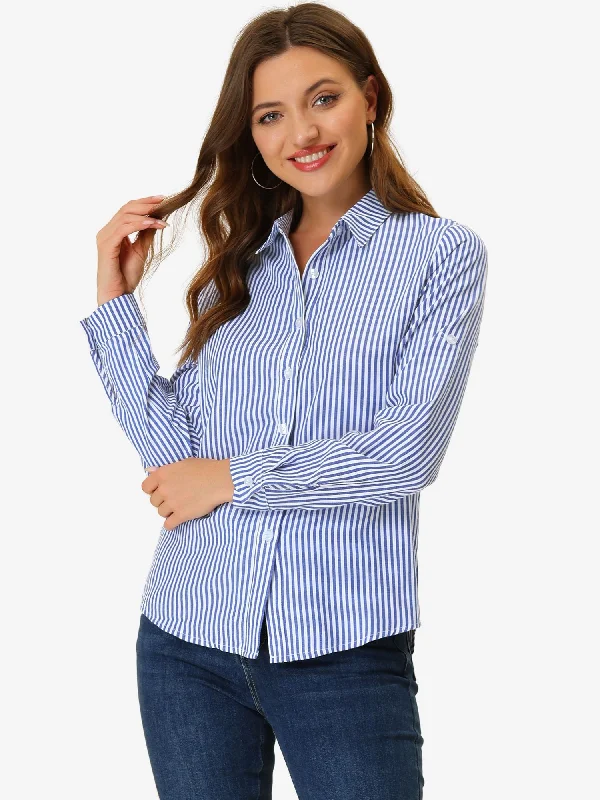 Striped Button Down Roll-up Long Sleeve Point Collar Shirt