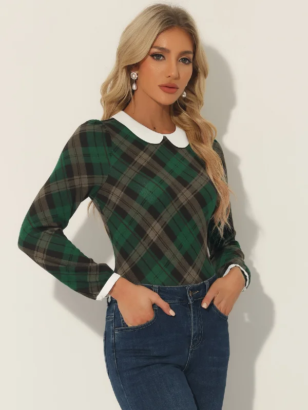 Peter Pan Collar Contrast Puff Sleeve Party Plaid Shirt Blouse