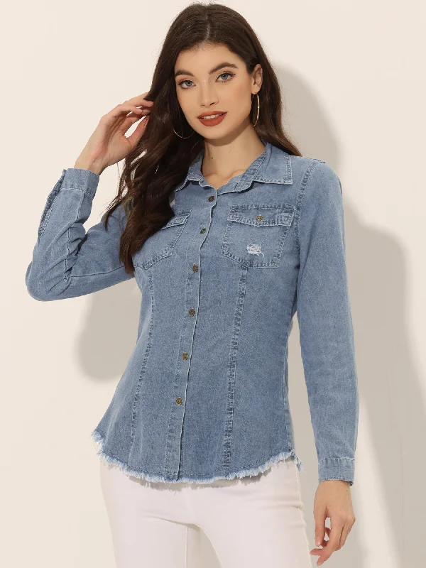 Jeans Blouse Long Sleeve Button Down Distressed Frayed Denim Shirt