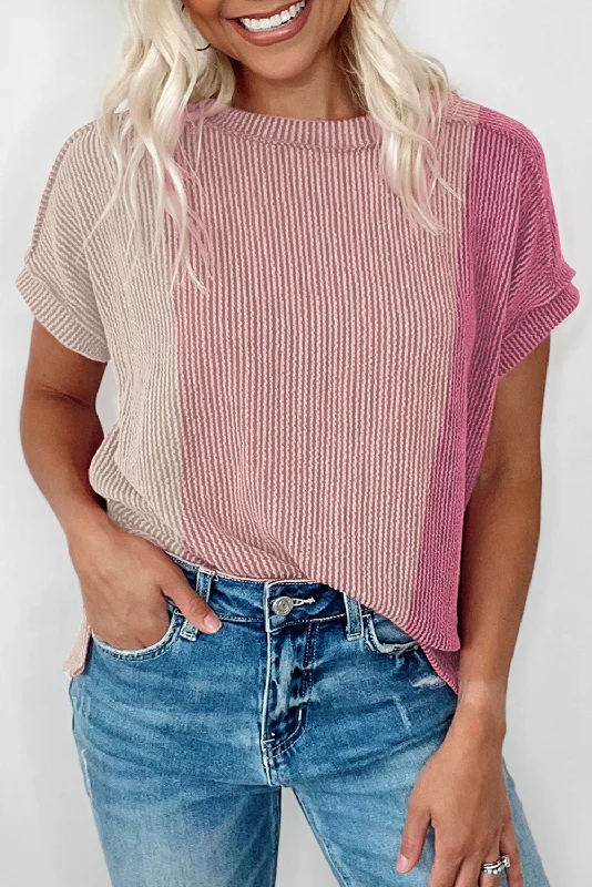 Pink Textured Colorblock Round Neck T Shirt