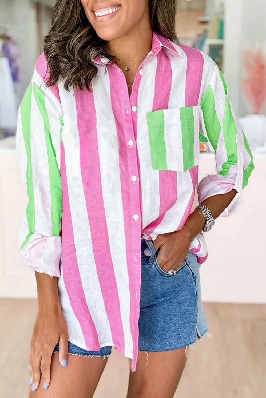 Rose Striped Pocket Button-up High Low Shirt