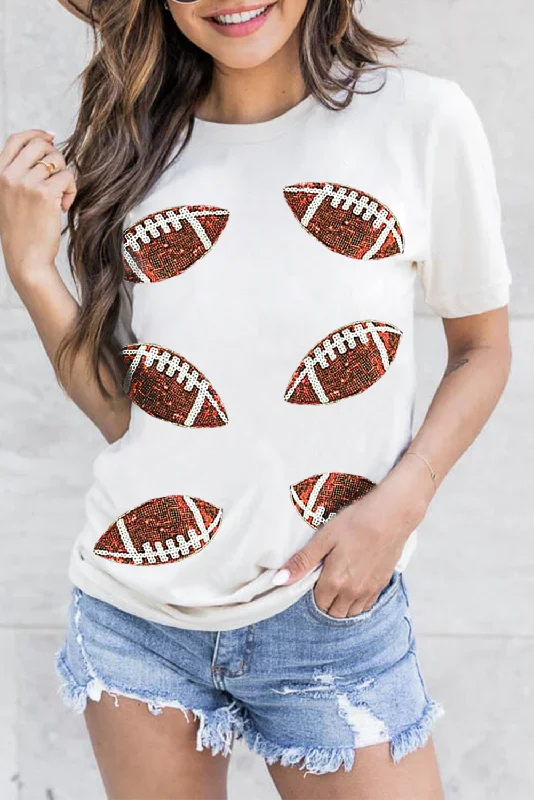 White Cotton Sequined Rugby Graphic T Shirt