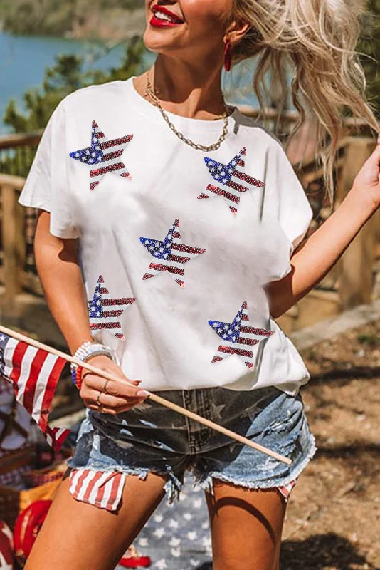 White Sequin American Flag Star Graphic T Shirt