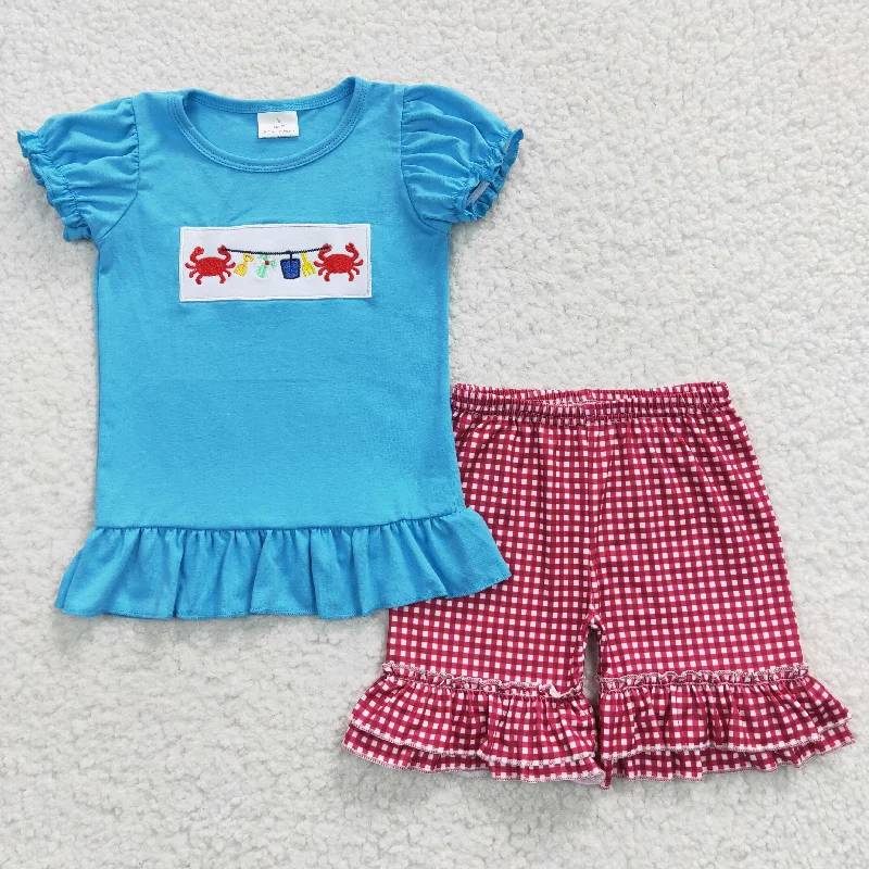 girls crab embroidery t-shirts+shorts sets GSSO0274