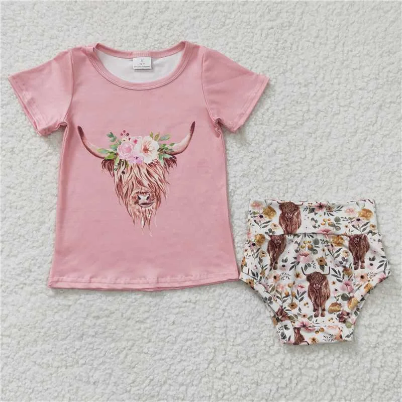 heifer printed pink T-shirt briefs Set GBO0074