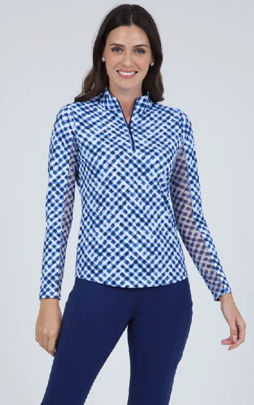 IBKUL Gingham Check Print Long Sleeve Mock Neck Top (Multiple Colors)