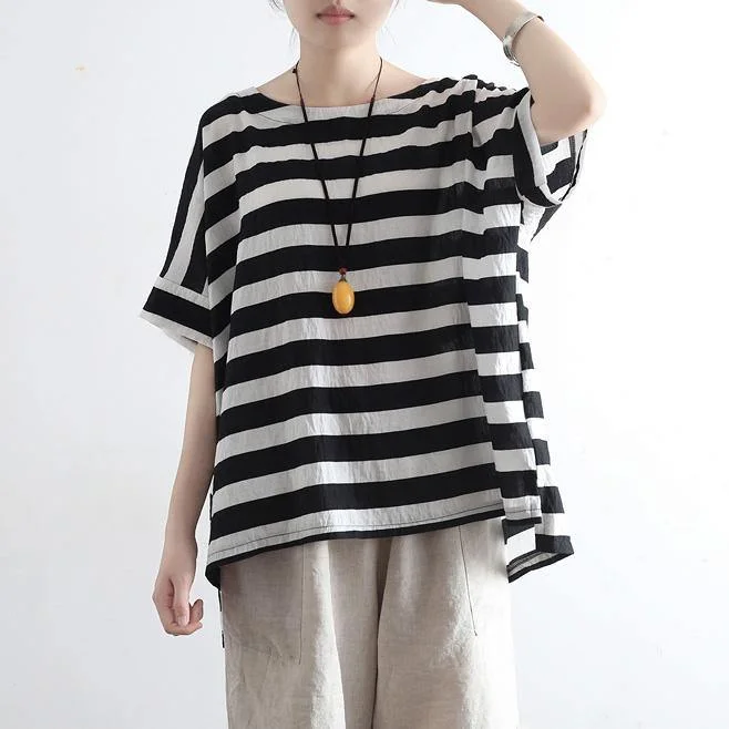 New Black White Striped Linen Summer Tops Casual O-Neck Pullover Batwing Sleeve T-Shirt