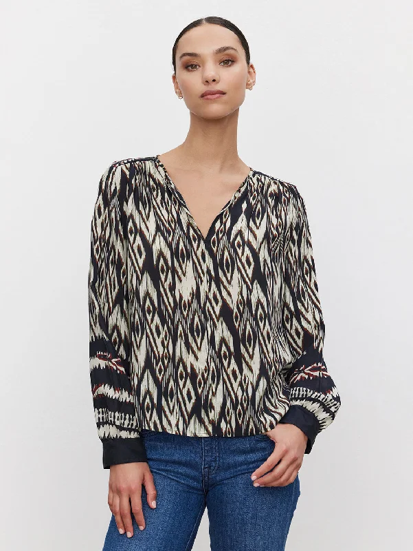 Abrielle Ikat Long Sleeve Top - Black Ecru