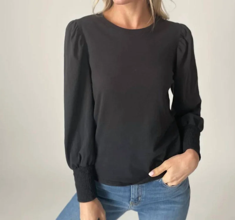 Erika Long Sleeve Puff Shoulder Top In Black