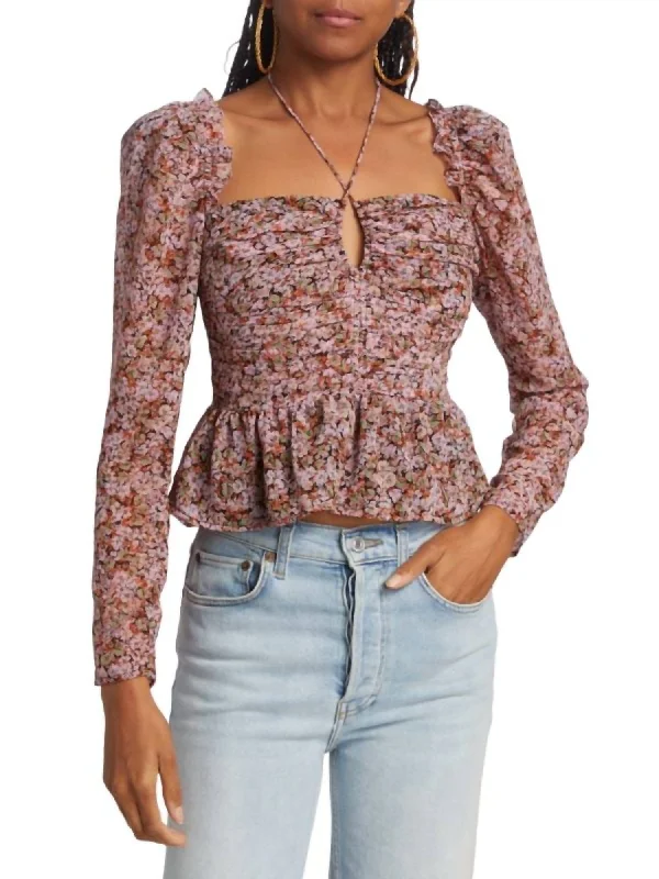 Floral Rouched Long Sleeve Blouse In Black/pink