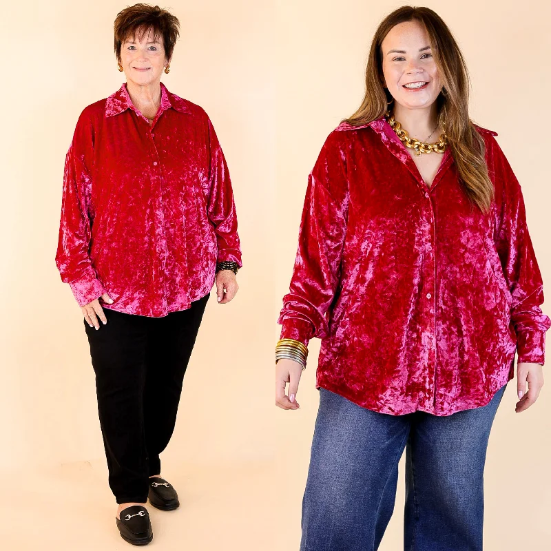 Frosted Glow Velvet Long Sleeve Button Up Top in Magenta Pink