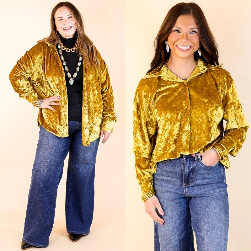 Frosted Glow Velvet Long Sleeve Button Up Top in Mustard Yellow