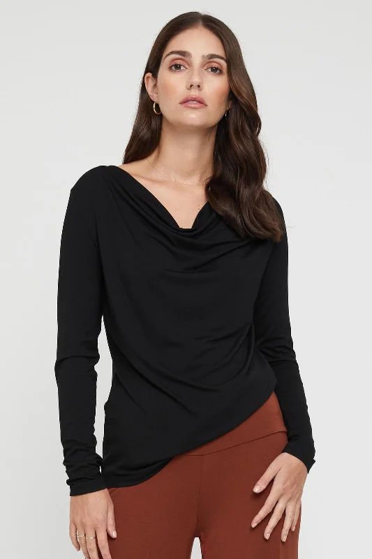 Long Sleeve Cowl Neck Top - Black