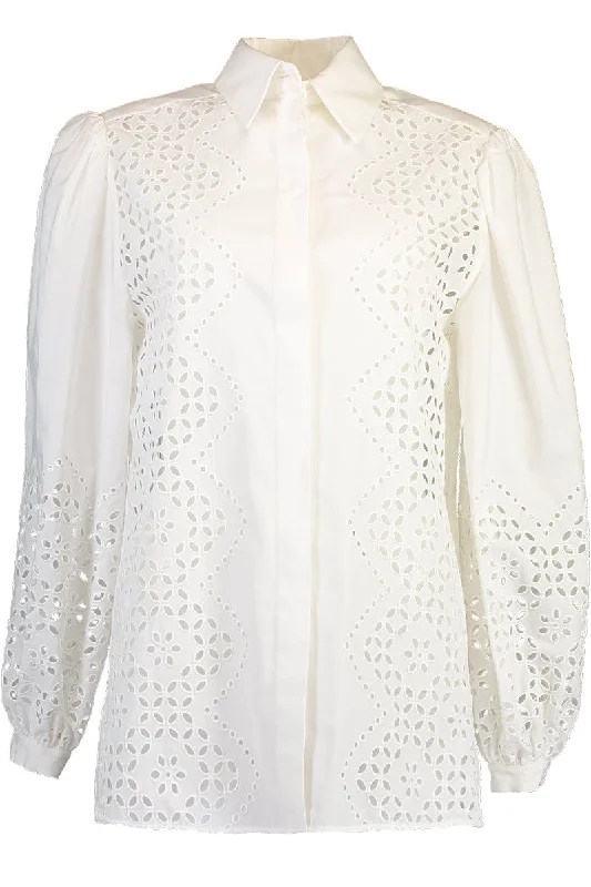 Long Sleeve Eyelet Blouse - White