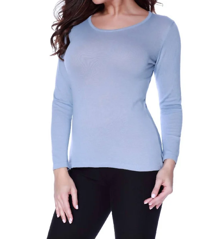 Long Sleeve Scoop Neck Top In Sky Blue