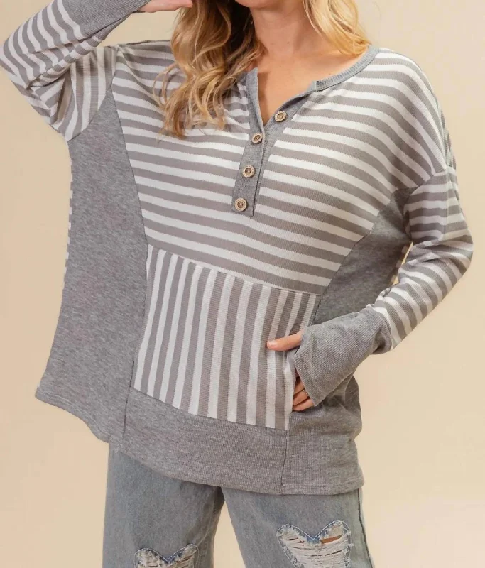 Striped Thumbhole Long Sleeve Top In Gray