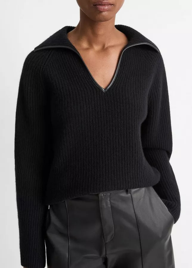 Vince Leather-Trim Wool-Cashmere Polo Sweater