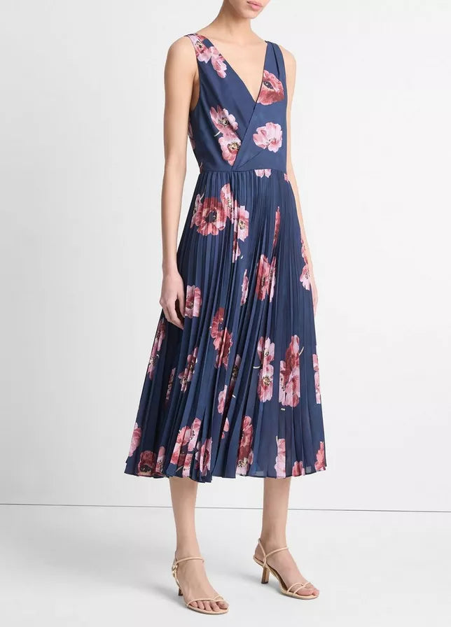 Vince Painted Poppy Pleated V-Neck Dress